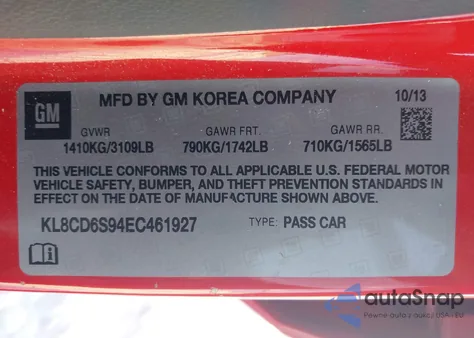 2014 Chevrolet Spark 1Lt Auto from USA, damaged, VIN KL8CD6S94EC461927